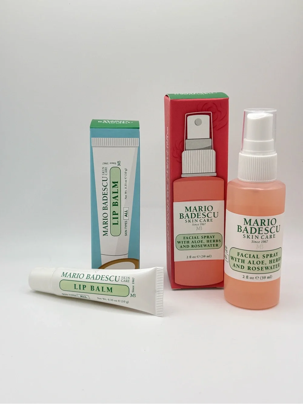 Mario Badescu Lip Balm & Facial Spray Gift Set | Rosewater + Warm Coconut | New
